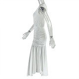 Women V-neck sleeveless solid color wrinkle pleated long dresses JSD-303002