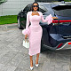 Women's square-neck long-sleeved feather-decorated high-waisted slimming dress pink HK-7652