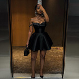 Elegant lady sequined strapless halter black short dress HK-7892