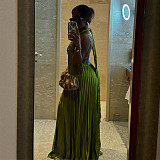 Women's halter V-neck sexy backless pleated oversized dress HK-7637