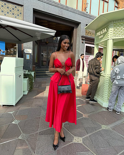 Women's sexy strappy top with high-waisted skirt set red HK-72416