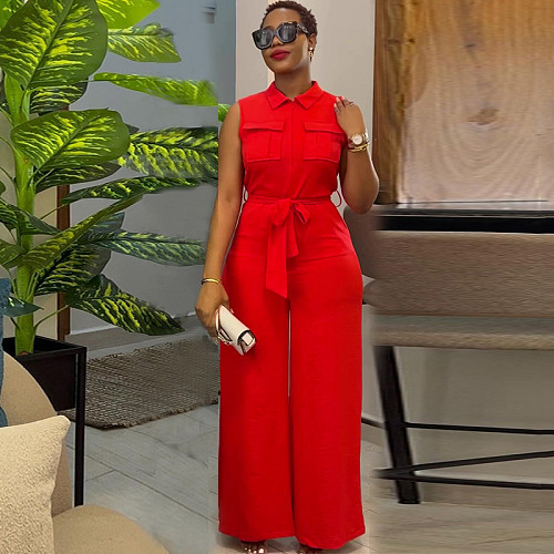 2025 New Style Lapel pocket waist-cinching loose wide-leg sleeveless Jumpsuit HK-7041