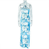 Elegant Halter Neck Blue and White Abstract Print Long Hip Dress JSD-302503