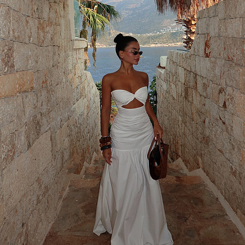 New Hot Girl Beach Style Vacation Tube Top Hollow Dress SUM-24627