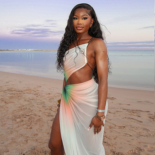 White mesh hot sexy women backless wrinkle split long dress JSD-303039