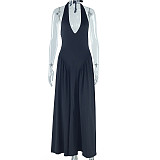 Women sexy halter sleeveless solid color long dresses JSD-300761