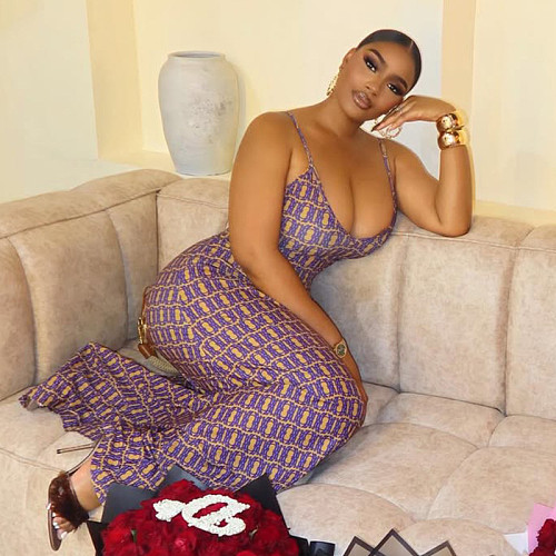 Women printed straps sexy backless package hips long dresses JSD-303059