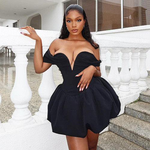Black sexy women strapless v-neck wrinkle short dresses JSD-303090
