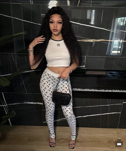 Women slim crop top and fashion printed bodycon pants 2 pieces set YSY-8976