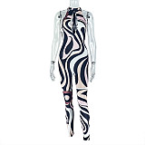 Women sexy hollow-out sleeveless zebra-stripe print bodycon jumpsuits JSD-006230