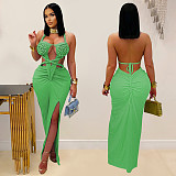 Fashion Women'S Sexy Knitted Hollow Backless Solid Color Dress BY-7407