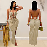 Fashion Women'S Sexy Knitted Hollow Backless Solid Color Dress BY-7407