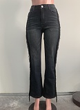Women's Black Fashion Retro Fringe High Waist Straight Jeans ORY-5270