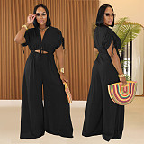 Fashionable Casual Solid Color V-Neck Lace-Up Wide-Leg Jumpsuit For Women BY-7388