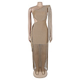 Sexy one-shoulder hollow-out tassel women long nightclub dresses BY-7428