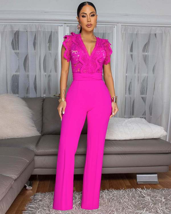 Personalized Line Lace Stitching Sleeveless Wide Leg Jumpsuit OSM-4476