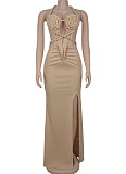 Fashion Women'S Sexy Knitted Hollow Backless Solid Color Dress BY-7407