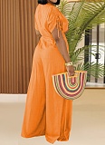 Fashionable Casual Solid Color V-Neck Lace-Up Wide-Leg Jumpsuit For Women BY-7388