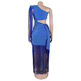 Sexy one-shoulder hollow-out tassel women long nightclub dresses BY-7428