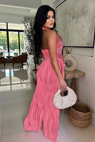Women'S Casual Halterneck Backless Sleeveless Wide-Leg Jumpsuit OSM-4483
