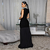Black Fashion Women'S Splicing Pleated Temperament Slim Beaded Dress BY-7409