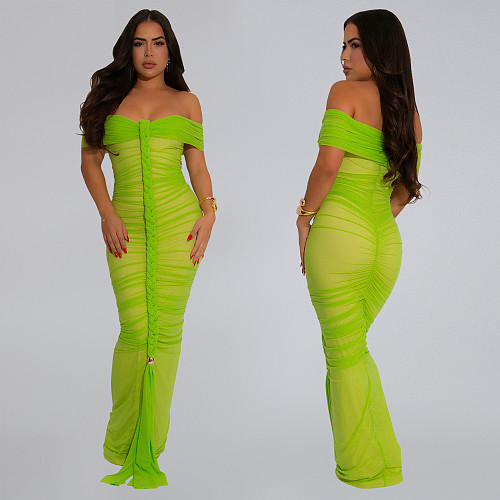 Sexy off shoulder solid color mesh wrinkle package hips nightclub dress BY-7406