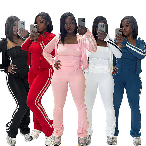 Patchwork Striped Yoga Wear Zipper Long-sleeved Coat Strapless Sport Three-piece Set SFY-702