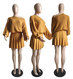 Off Shoulder Sweater Leisure Solid Pleated Short Skirt Set DY-6697