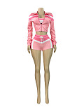 Women Long Sleeve Short Jacket Wrap Chest Bra Hot Shorts 3 Pieces Set CH-HR25032