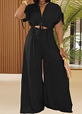 Fashionable Casual Solid Color V-Neck Lace-Up Wide-Leg Jumpsuit For Women BY-7388