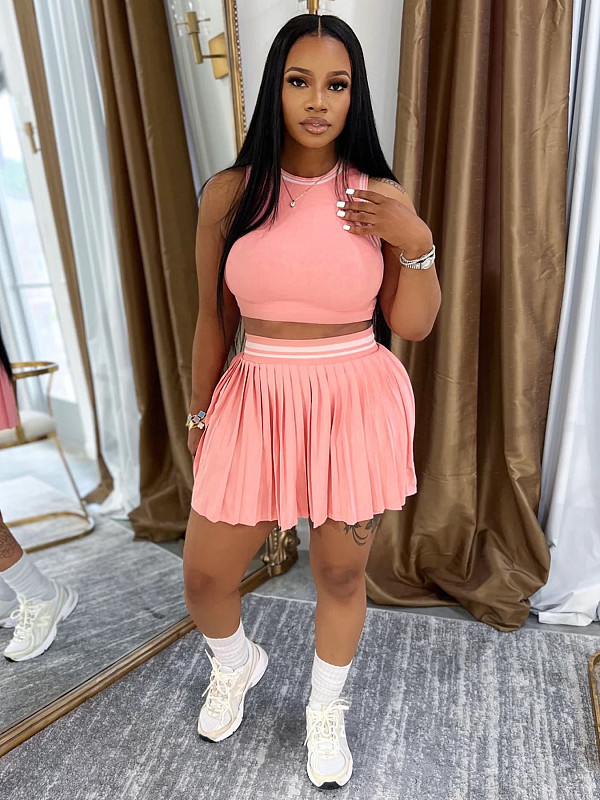 Sleeveless Belly Button Top + Pleated Skirt Sports Fashion Two-Piece Set CH-25030