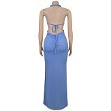 Fashion Women'S Sexy Knitted Hollow Backless Solid Color Dress BY-7407