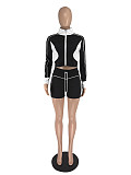 Women patchwork zipper long sleeves shorts 2 pieces sporty sets XRB-10136
