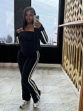 Patchwork Striped Yoga Wear Zipper Long-sleeved Coat Strapless Sport Three-piece Set SFY-702