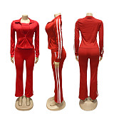 Patchwork Striped Yoga Wear Zipper Long-sleeved Coat Strapless Sport Three-piece Set SFY-702