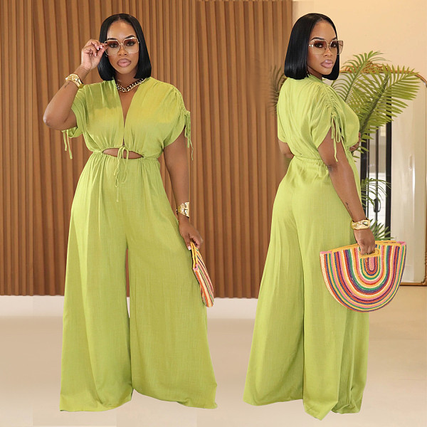 Fashionable Casual Solid Color V-Neck Lace-Up Wide-Leg Jumpsuit For Women BY-7388