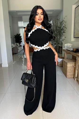 Personalized Wavy Line Stitching Sleeveless Backless Wide-Leg Jumpsuit OSM-4931
