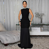 Black Fashion Women'S Splicing Pleated Temperament Slim Beaded Dress BY-7409