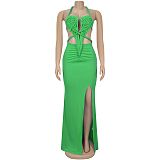 Fashion Women'S Sexy Knitted Hollow Backless Solid Color Dress BY-7407