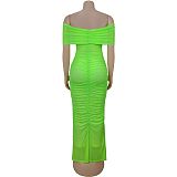 Sexy off shoulder solid color mesh wrinkle package hips nightclub dress BY-7406