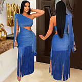 Sexy one-shoulder hollow-out tassel women long nightclub dresses BY-7428