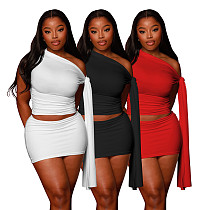Sexy oblique shoulder solid color women package hips short skirt sets DD-88238