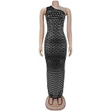 Fashion Women'S Sexy Mesh Gauze Perm Diamond Off-Shoulder Sleeveless Dress BY-7422