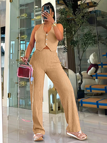 Halter Neck Navel-Baring Small Vest Drape Wide-Leg Pants Purple Two-Piece Set Wholesale SH-391362