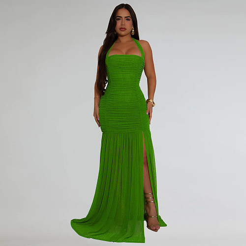 Fashion Summer Net Gauze Sexy Slit Solid Color Dress Women's Clothing BY-7398