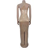 Fashion Women'S Sexy Mesh Gauze Perm Diamond Off-Shoulder Sleeveless Dress BY-7422