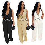 Fashionable Women'S Casual V-Neck Button Top And Trousers Two-Piece Suit BY-7402