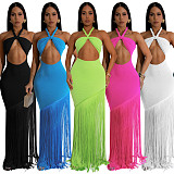 Sexy strapless halter backless tassel women solid color long dress BY-7453