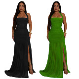 Fashion Summer Net Gauze Sexy Slit Solid Color Dress Women's Clothing BY-7398