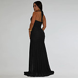 Fashion Summer Net Gauze Sexy Slit Solid Color Dress Women's Clothing BY-7398